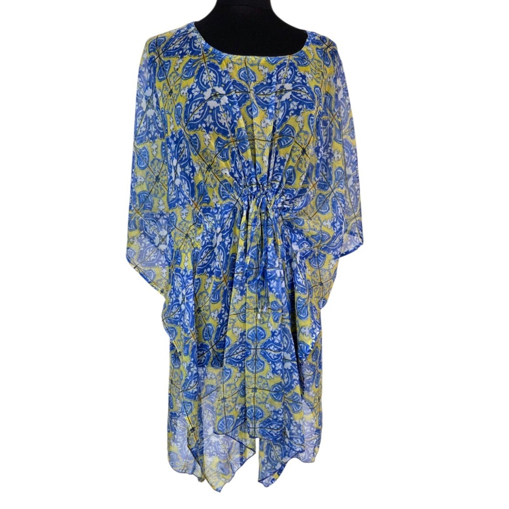 Sunflower Tunic Top Free Size‎ Sheer Boho Beach Kaftan Drawstring Waist Batwing